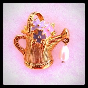 Avon Flower Watering Can with Faux Pearl Lapel Pin